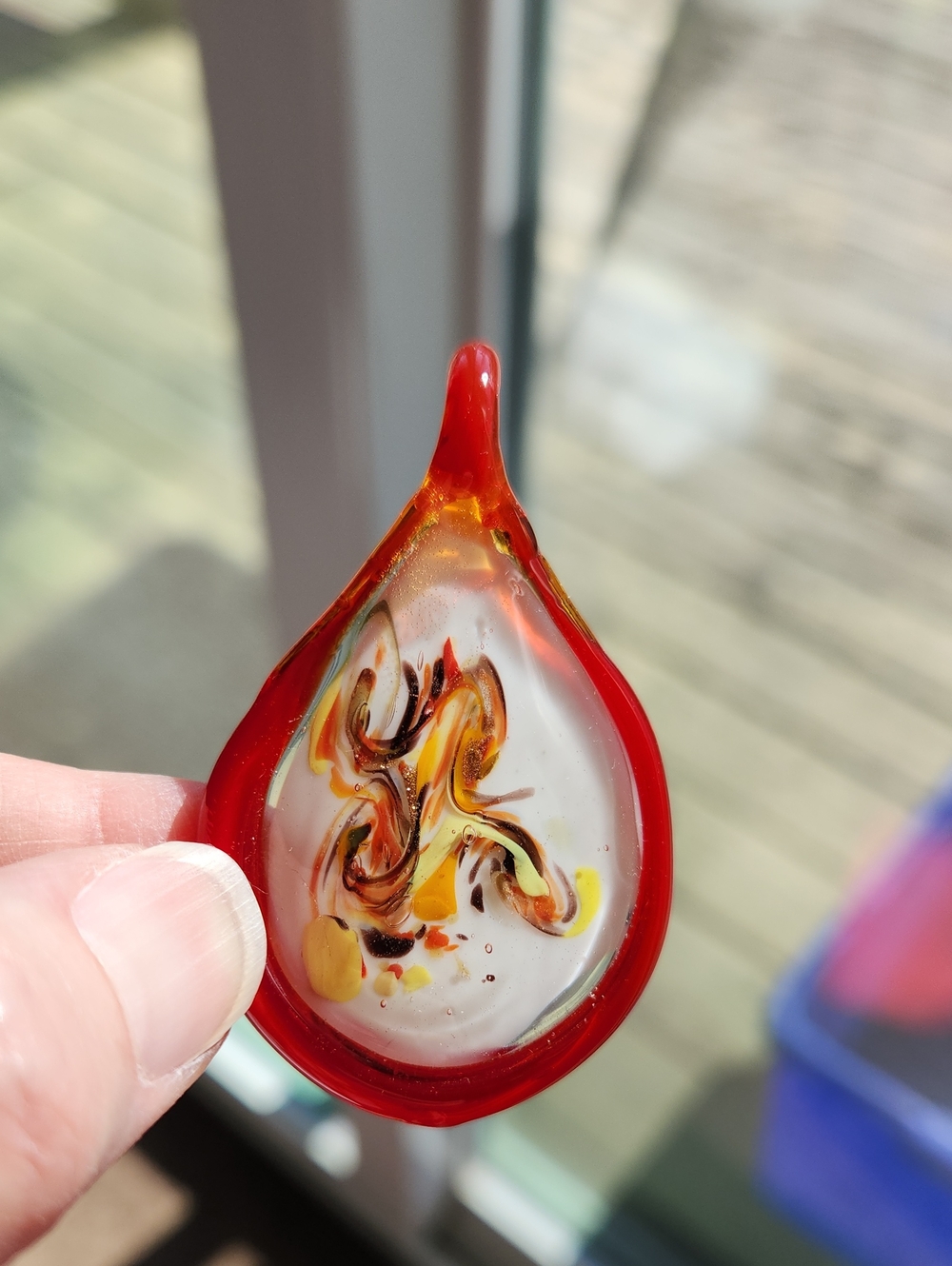 Art Glass Teardrop Pendant with Swirled Amber Center